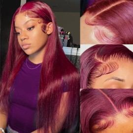 Subella 99j Burgundy 13x4 Transparent Lace Front Wigs Human Hair Pre Plucked with Baby Hair 180% Density Glueless Wine Red Wig Colored Straight 99j Lace Frontal Wig for Black Women (26inch)