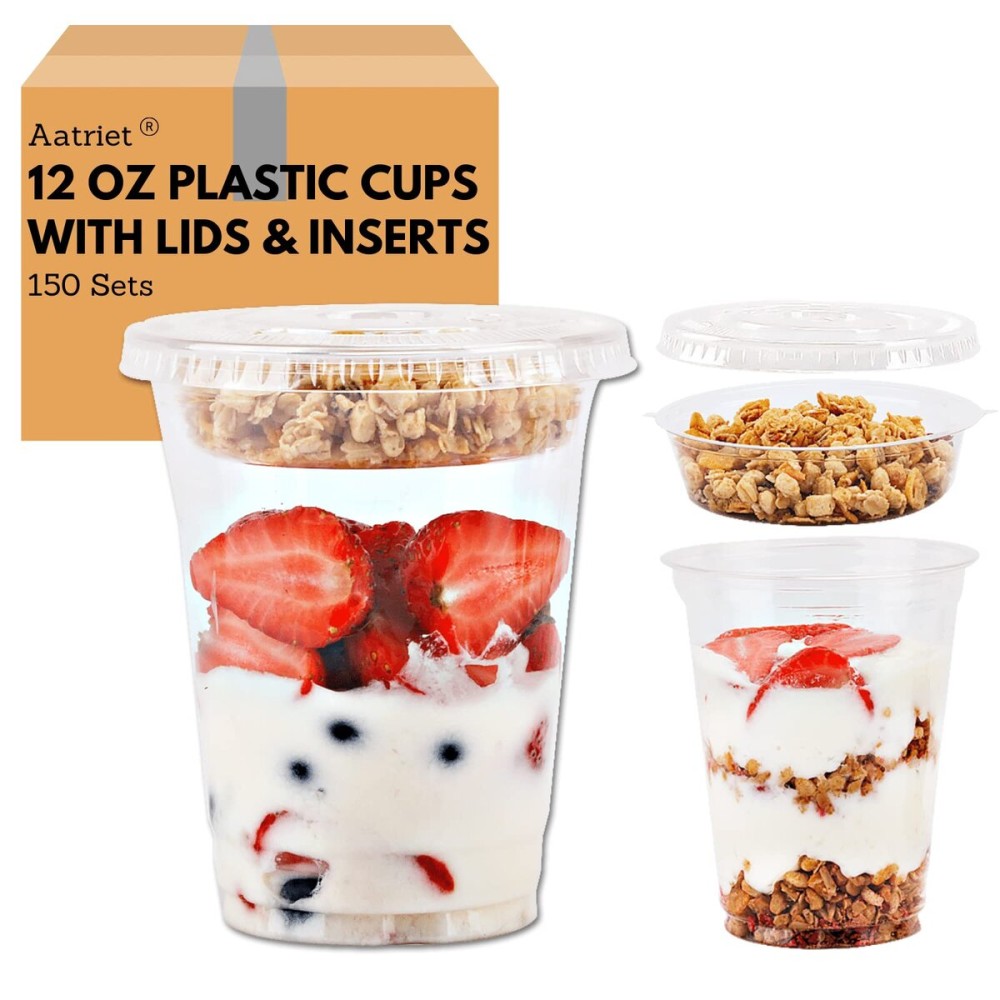 Aatriet [150 SETS] 12 oz Clear Plastic Parfait Cups with Insert 3.25oz & Flat Lids No Hole, Yogurt Fruit Parfait Cups for Kids, for Dips and Veggies, Take Away Breakfast and Snacks. No Leaking