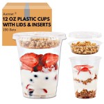Aatriet [150 SETS] 12 oz Clear Plastic Parfait Cups with Insert 3.25oz & Flat Lids No Hole, Yogurt Fruit Parfait Cups for Kids, for Dips and Veggies, Take Away Breakfast and Snacks. No Leaking