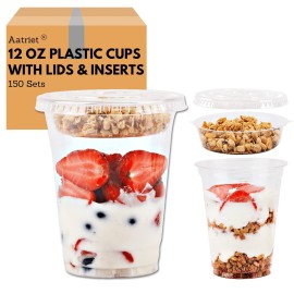 Aatriet [150 SETS] 12 oz Clear Plastic Parfait Cups with Insert 3.25oz & Flat Lids No Hole, Yogurt Fruit Parfait Cups for Kids, for Dips and Veggies, Take Away Breakfast and Snacks. No Leaking