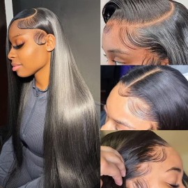 Subella 13x5 HD Straight Lace Frontal Wig Pre Plucked Hairline with Baby Hair Glueless 180% Density Transparent Lace Front Human Hair Wigs for Black Women Natural Black Color (30inch)