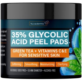 NUVADERMIS 35% Glycolic Acid Peel Pads - Exfoliating Facial Resurfacing for Blackheads, Dark Spots, and Acne - Safe for Sensitive Skin - 60 Double-Sided Pads