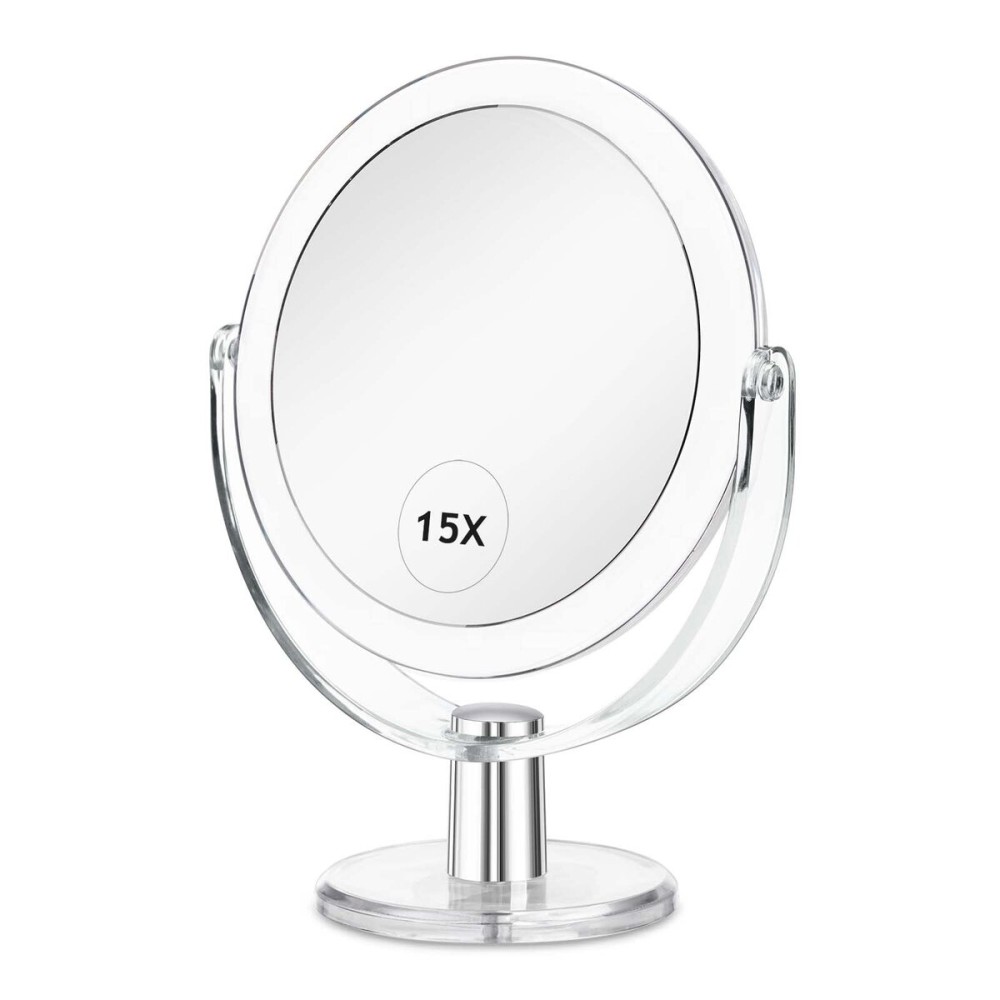 CLSEVXY Vanity Makeup Mirror with Stand, 1X/15X Magnification Double Sided 360 Degree Swivel, Portable Table Desk Counter top Magnifying Mirror, Tabletop Bathroom Shaving Mirror, 6.25 Inch