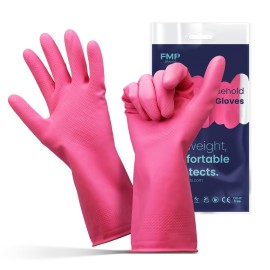 FMP Brands Cleaning Gloves - 3 Pairs Waterproof Reusable Latex Dish Gloves for Kitchen, Bathroom, Household, Gardening (Small, Pink)