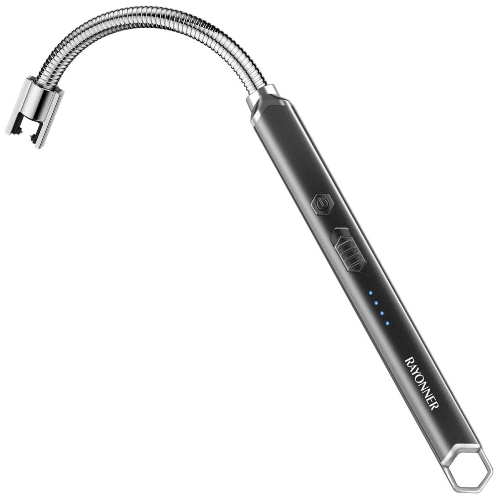 RAYONNER USB Rechargeable Electric Candle Lighter Windproof Plasma Arc Lighter with Flexible Neck for Deep Jars, BBQ, Camping Flameless Fire Starter Christmas Stocking Stuffers Gift (Silver)