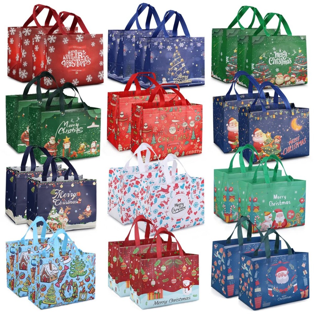 PARSUP 24PCS Christmas Gift Bags with Handles, Non-Woven Christmas Bags for Treat Gifts Wrapping Shopping, Xmas Party Supplies, 12.8 * 9.8 * 6.7inch