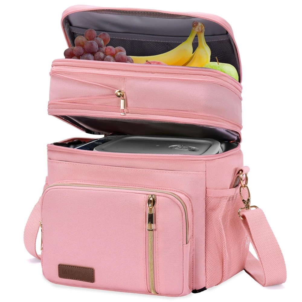 MIYCOO Lunch Bag & Lunch Box for Women Men Double Deck - Leakproof Insulated Soft Large Adult Lunch Cooler Bag for Work, Beach, Picnic, Camping, Travel (Pink,15L)