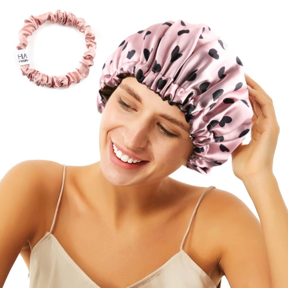 ELIHAIR Stain Bonnet Silky Sleep Cap Adjustable Satin Cap for Night Sleeping Hair Bonnet Reversible Double Layer Lotus Pink