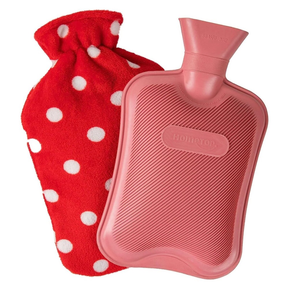 HomeTop Premium Classic Rubber Hot or Cold Water Bottle with Soft Fleece Cover (2 Liters, Red/Red Polka Dot)