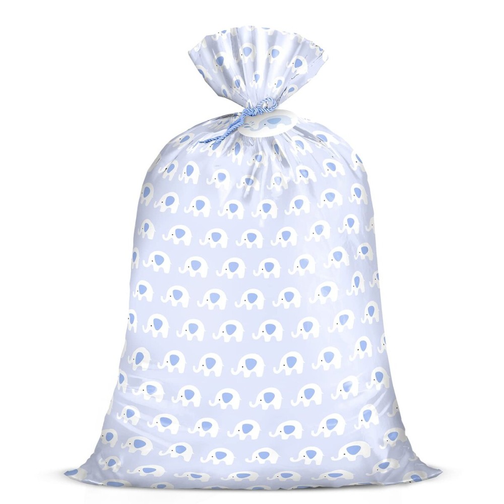 WRAPAHOLIC 56 Large Baby Boy Plastic Gift Bag - Cute Blue Elephant Jumbo Bike Bag Gift Wrap for Baby Shower, Kids Birthdays, Parties, Celebrating, or Any Occasion - 56 H x 36 W