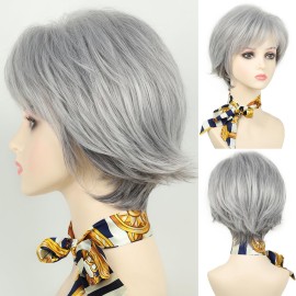 SEVENCOLORS Gray Wigs for White Women Short Silver Grey Pixie Wigs with Bangs Natural Looking Synthetic Short Hair Wigs for Older Women