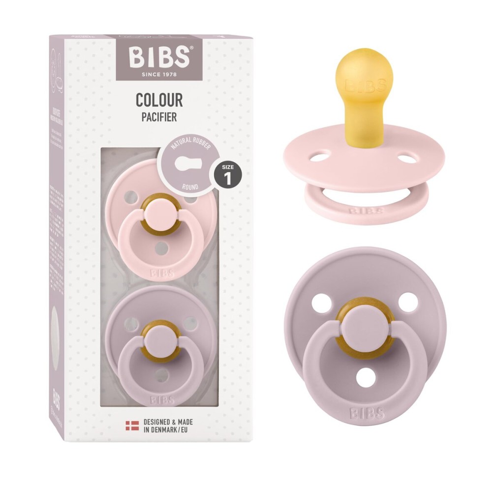 BIBS Pacifiers Colour Collection | Natural Rubber Baby Pacifier | Set of 2 BPA-Free Soothers | Made in Denmark | 0+ Months (Pack of 2) | Blossom/Dusky Lilac