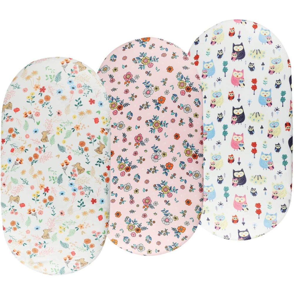 Onacosht Bassinet Sheets Set 3 Pack for Baby Girl, Stretchy Soft Jersey Knitted Fitted Sheet Universal for Oval Rectangle and Hourglass Bassinet Mattress, Flower, Rabbit and Owl Printing