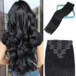 LORIEN Clip in Hair Extensions Real Human Hair, 16 Inch 90g, 1 Jet Black, Clip in 100% Brazilian Remy Human Hair Extensions 8pcs Per Set with 18 Clips Double Weft