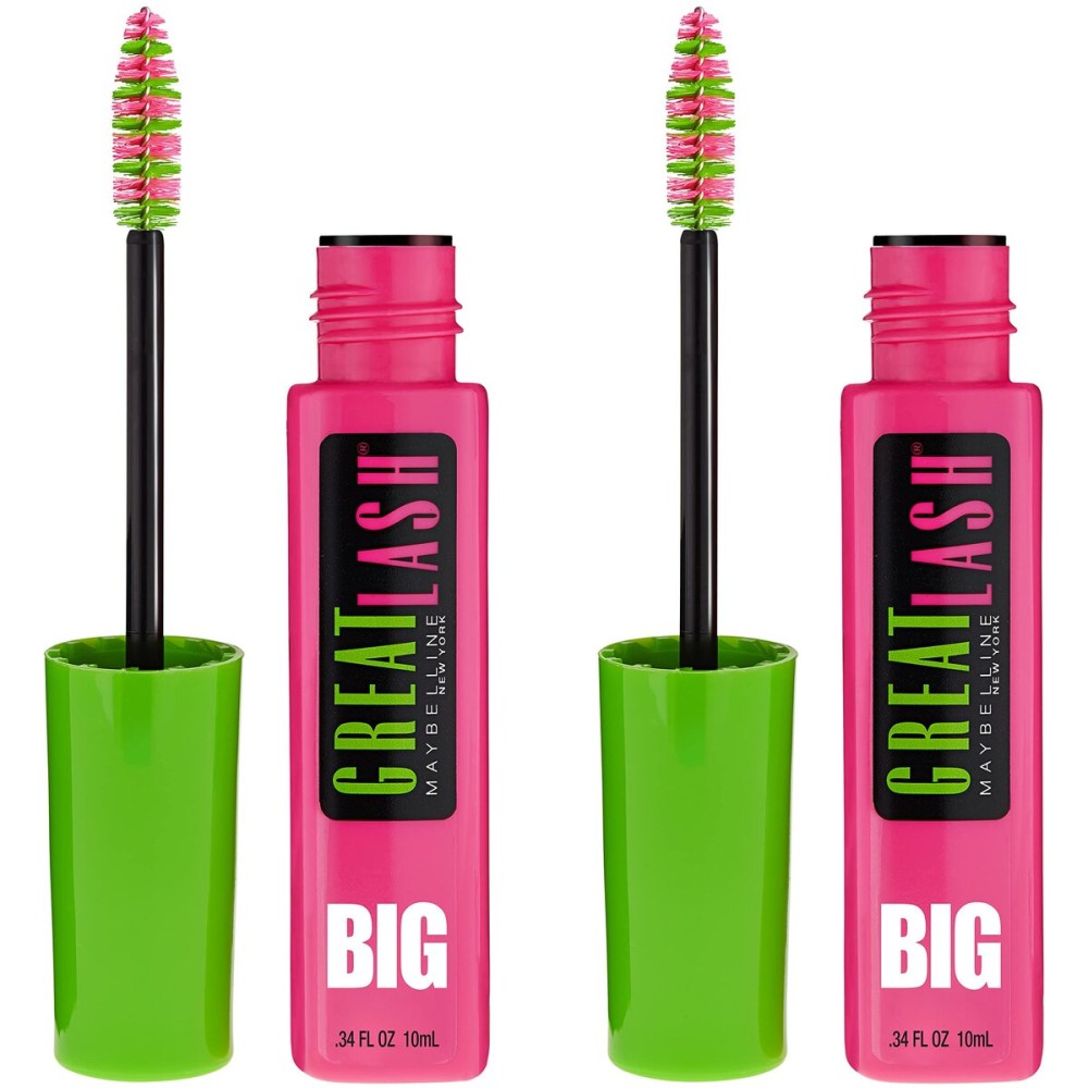 Maybelline Great Lash BIG Washable Mascara, Volumizing, Thickening, Lengthening Mascara, Very Black, 2 Count