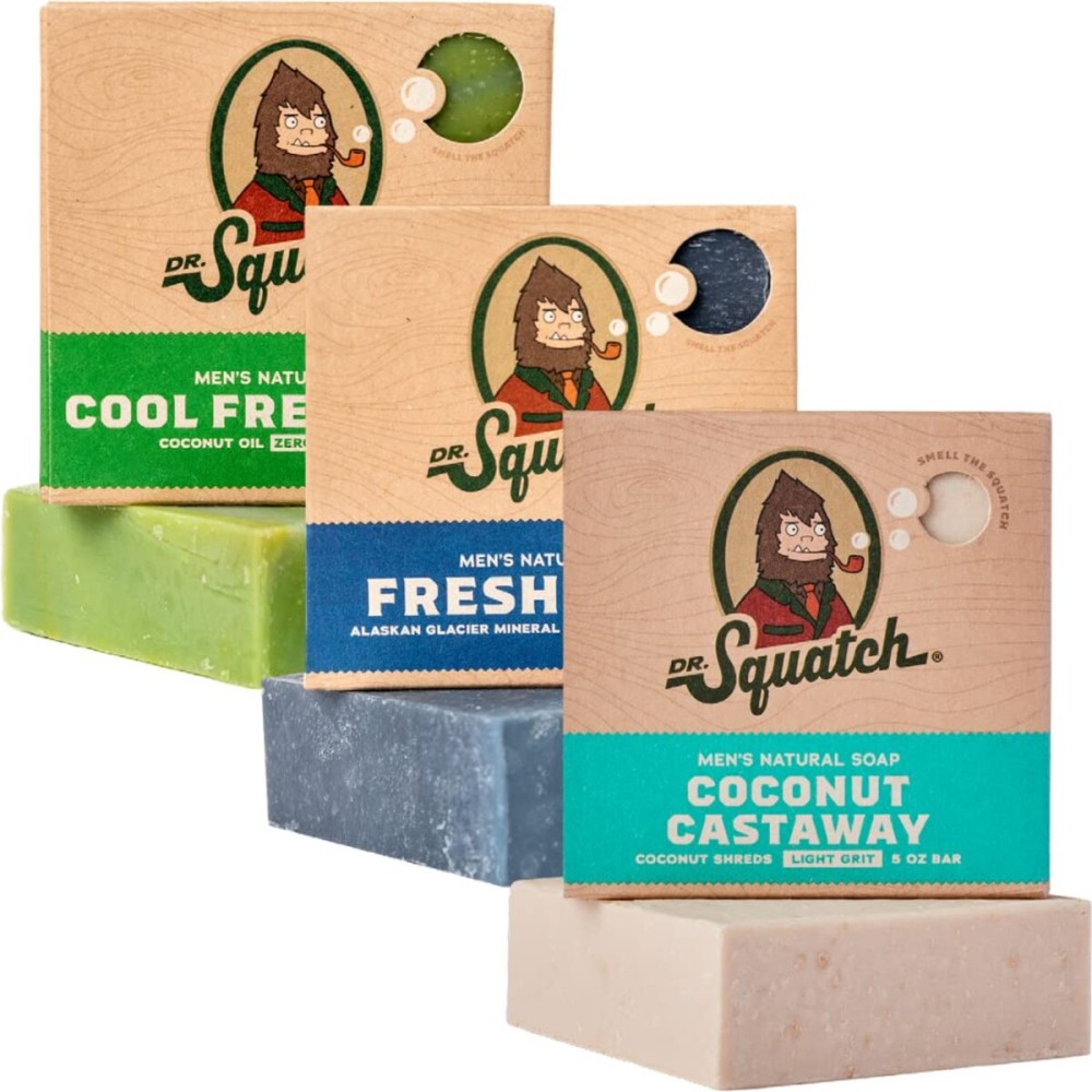Dr. Squatch Natural Bar Soap for Men - Cold Process Soap with No Harsh Chemicals - Coconut Castaway, Fresh Falls & Cool Aloe (5 oz, 3-Pack)