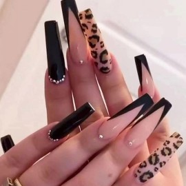 YoYoee French Black False Nails Coffin Long Press on Nails Acrylics Full Cover Leopard Print Fake Nails Tips for Women and Girls 24PCS