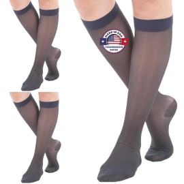 (3 Pairs - Closed Toe) Made in USA - Compression Socks for Women 15-20mmHg - Sheer Compression Knee High Stockings for Post Surgery, Pregnancy, Arthritis, Edema - Navy, Large - A101NV3-3