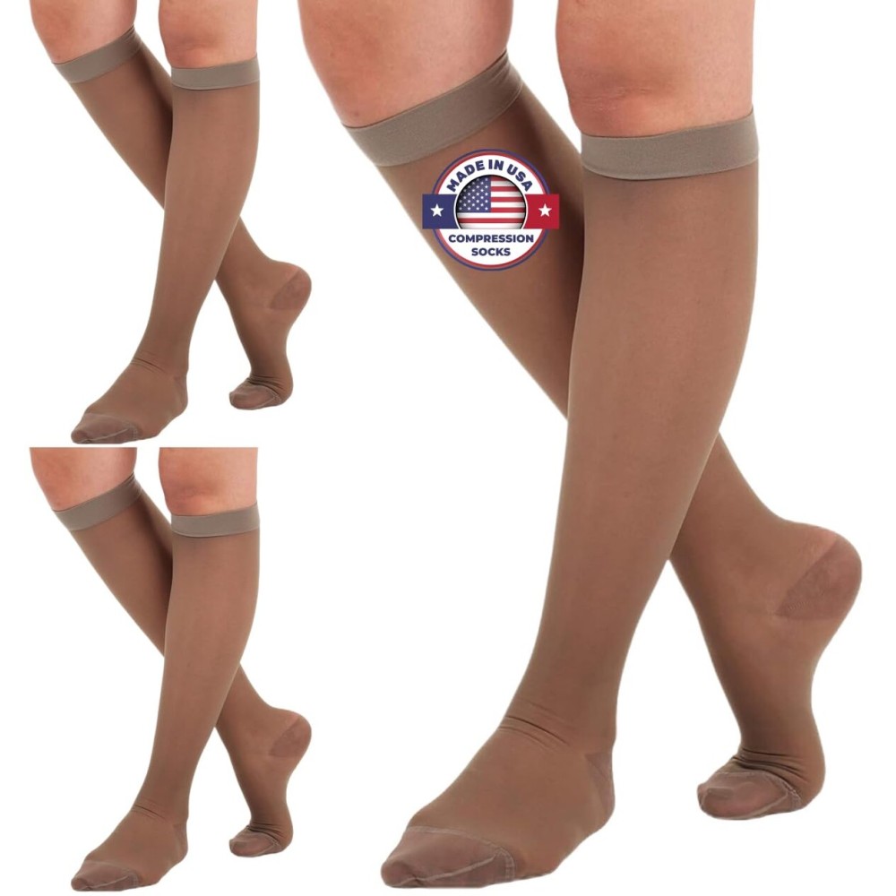 (3 Pairs - Closed Toe) Made in USA - Sheer Compression Stockings for Women 15-20mmHg - Womens Compression Socks for Circulation during Travel, Airplane, Sport, Athletic - Taupe, X-Large - A101T4-3