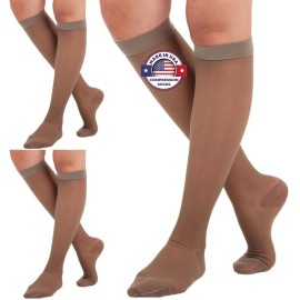 (3 Pairs - Closed Toe) Made in USA - Sheer Compression Stockings for Women 15-20mmHg - Womens Compression Socks for Circulation during Travel, Airplane, Sport, Athletic - Taupe, X-Large - A101T4-3