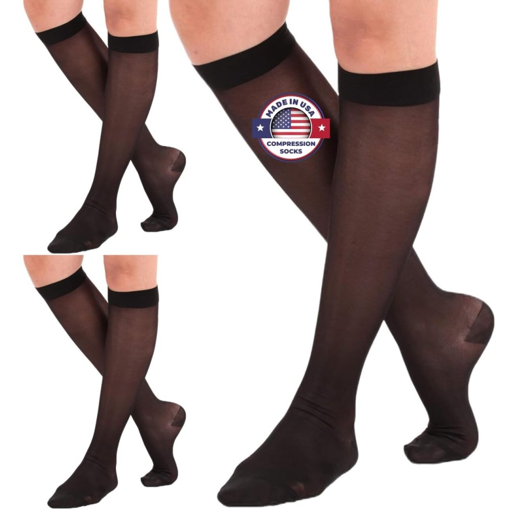 (3 Pairs - Closed Toe) Made in USA - Sheer Compression Socks for Women 15-20mmHg - Compression Stockings for Varicose Veins Circulation, Thrombosis, Embolism - Black, Medium - A101BL2-3