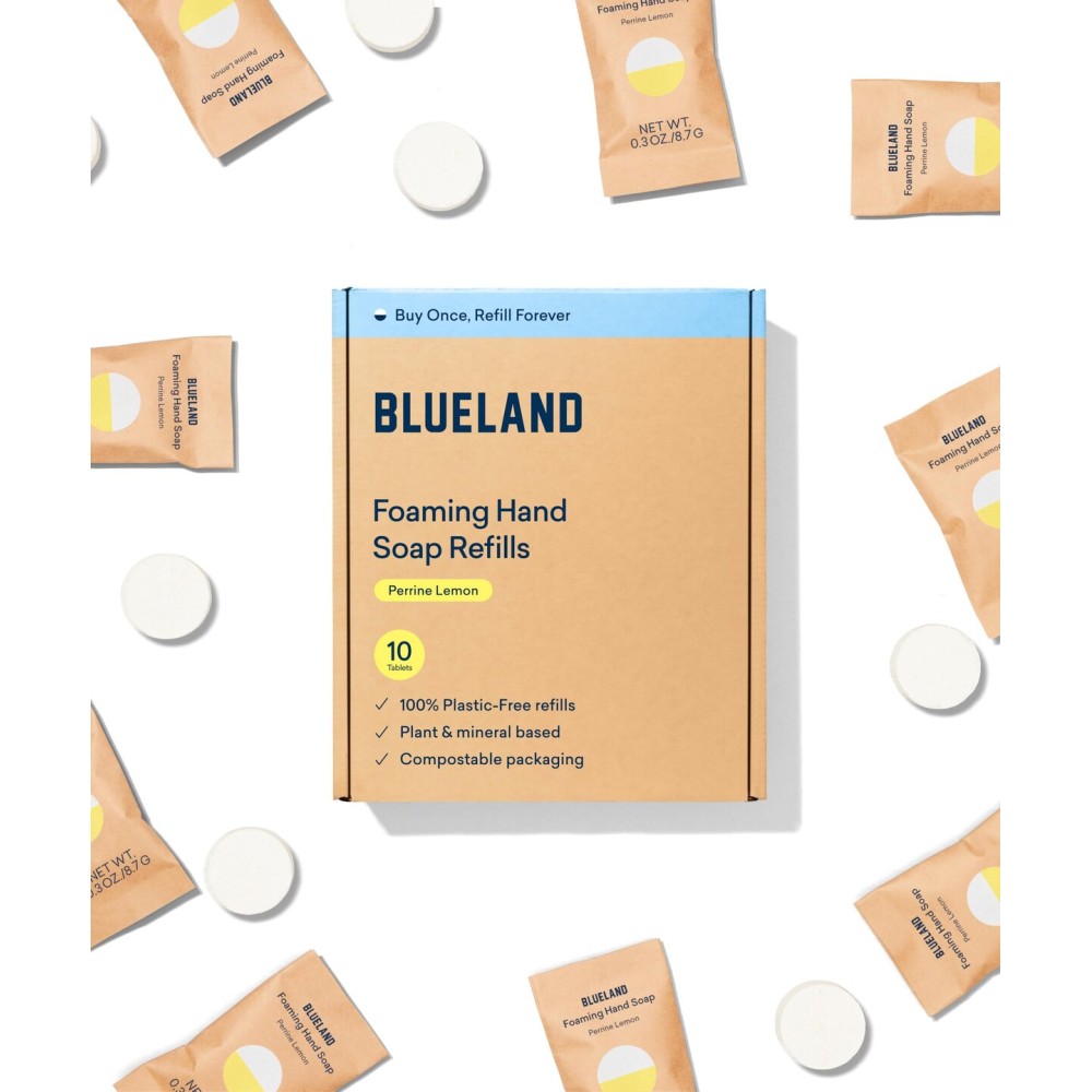 BLUELAND Foaming Hand Soap Refill Tablets, 10-Pack, Perrine Lemon Scent, Eco Friendly Cleaning Products, 10 x 9 Fl oz