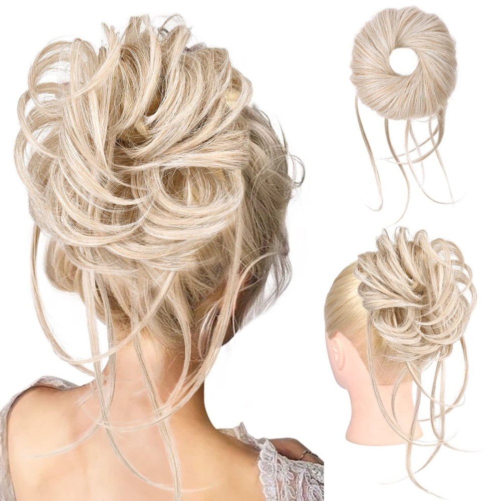 HOOJIH Messy Bun Hair Piece, Super Long Tousled Updo Hair Bun Extensions Wavy Hair Wrap Ponytail Hairpieces with Elastic Hair Band for Women HB007 Grace - Platinum with Medium Blonde Mixed