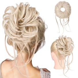 HOOJIH Messy Bun Hair Piece, Super Long Tousled Updo Hair Bun Extensions Wavy Hair Wrap Ponytail Hairpieces with Elastic Hair Band for Women HB007 Grace - Platinum with Medium Blonde Mixed