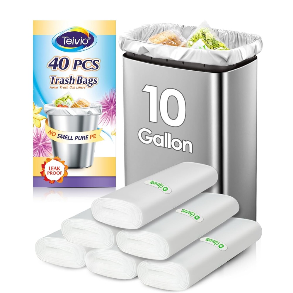 10 Gallon 40 Counts Strong Trash Bags Garbage Bags by Teivio, Bathroom Trash Can Bin Liners, Plastic Bags for home office kitchen, Clear