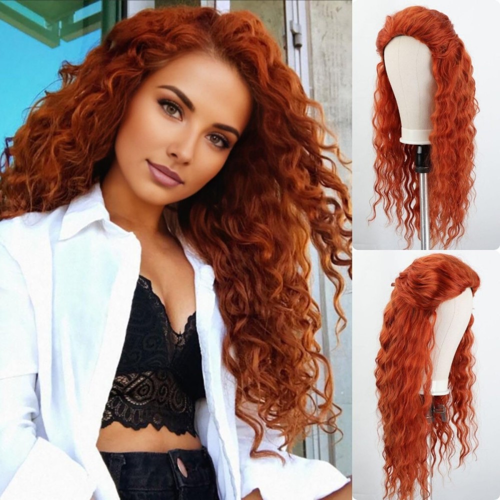 Fencca Wigs Auburn Long Curly Wig Synthetic Wigs for Women Dark Orange Free Part Full Curly Wig Long Wavy Hair Replacement Wig