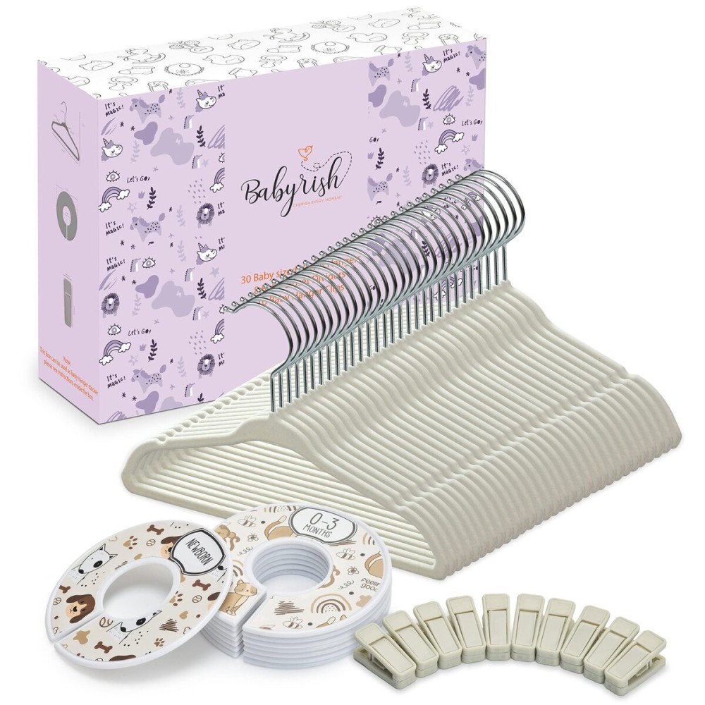 Babyrish Velvet Baby Hangers with 10x Clips and 8X Dividers (30 Pack) | 11 Ultra-Slim Baby Clothes Hangers | Non-Slip Felt | Space-Saving Nursery & Infant Closet Organizer | Beige