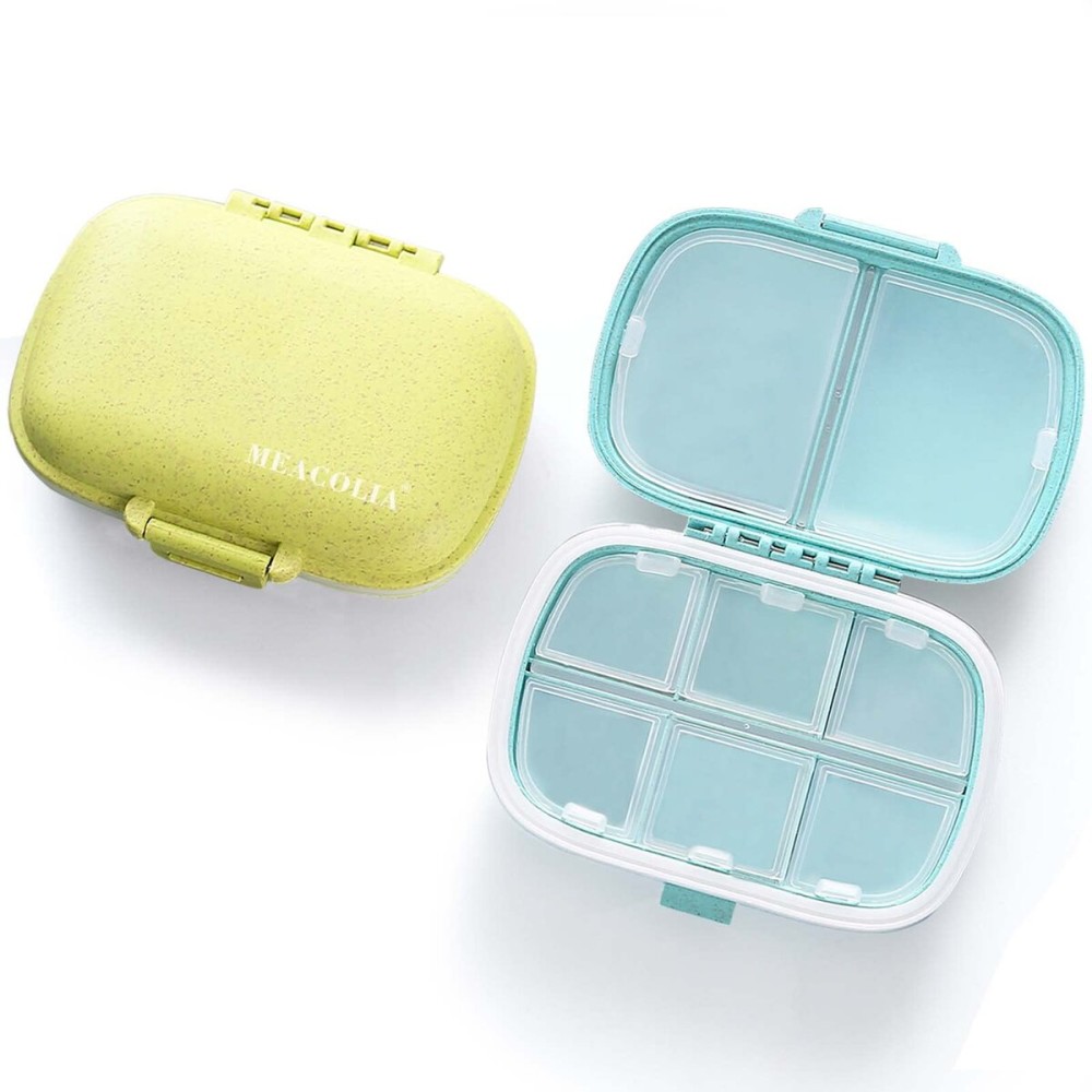 8 Compartments Travel Pill Organizer, Daily Pill Case Small Pill Box for Pocket Purse, Portable Pill Container Medicine Vitamin Organizer (Blue & Green)
