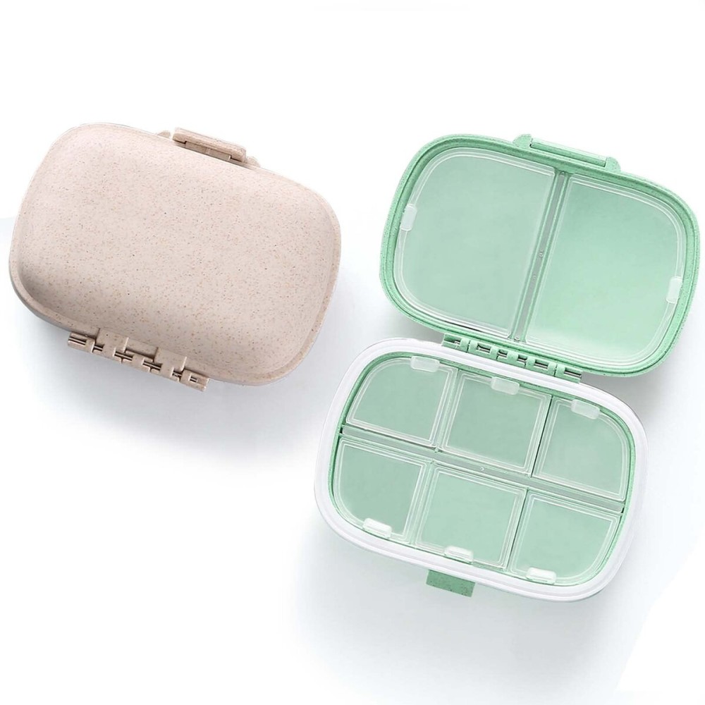 8 Compartments Travel Pill Organizer, Daily Pill Case Small Pill Box for Pocket Purse, Portable Pill Container Medicine Vitamin Organizer (Cyan & Khaki)