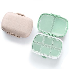 8 Compartments Travel Pill Organizer, Daily Pill Case Small Pill Box for Pocket Purse, Portable Pill Container Medicine Vitamin Organizer (Cyan & Khaki)