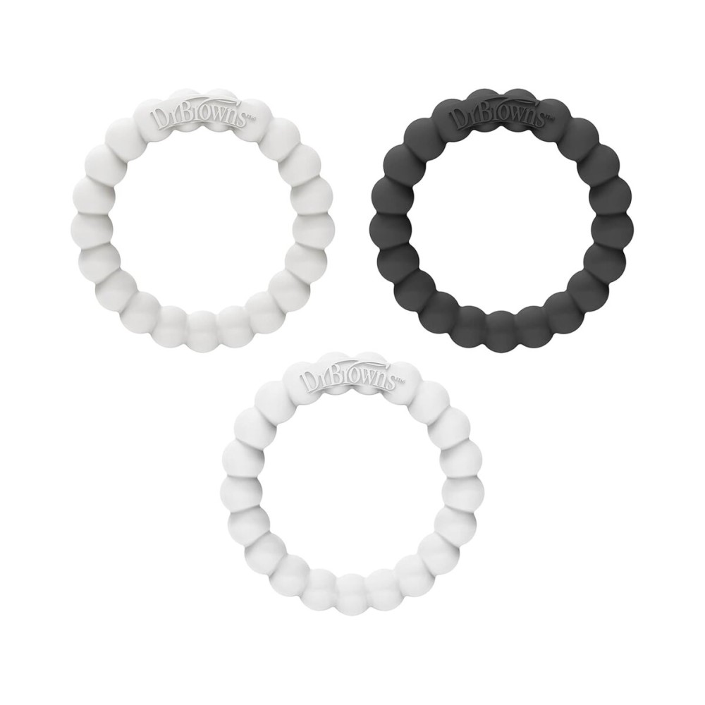 Dr. Browns Flexees Beaded Teether Rings, 100% Silicone, Soft & Easy to Hold, Encourages Self-Soothe, 3 Pack, Black, White, Gray, BPA Free, 3m+