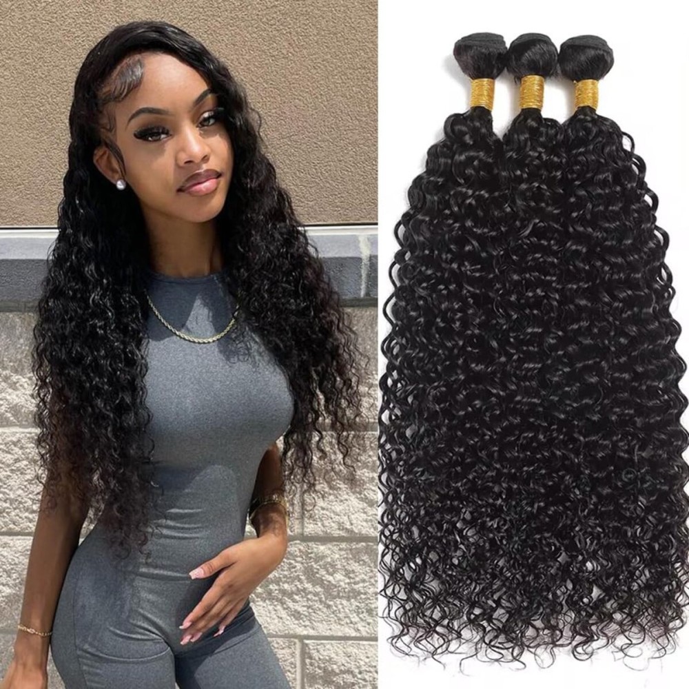 Borchan Water Wave 3 Bundles Human Hair Wet and Wavy Human Hair 3 Bundles for Black Women 16 18 20 Inch Brazilian Water Wave Bundles Natural Black Color