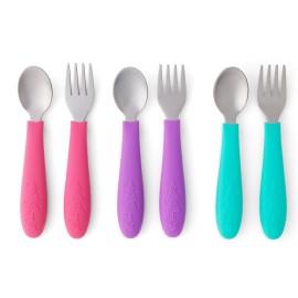 Elk and Friends Kids Silverware with Silicone Handle | Childrens Safe Flatware | Toddler Utensils | Baby Spoons + Forks | Stainless Steel Cutlery | Dishwasher Safe | 6 Pieces