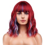 BERON 14 Inches 4th of July Wig Red White and Blue Wigs for Women Short Curly Red White and Blue Flag Wigs with Bangs for Daily Party Hairnet nclude