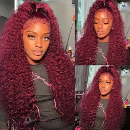 Pizazz 99J HD Lace Front Wigs Human Hair Pre Plucked 180 Density Burgundy Deep Wave Frontal Wigs 13x4 Natural Hairline Human Hair Wigs for Black Women(20 Inch)