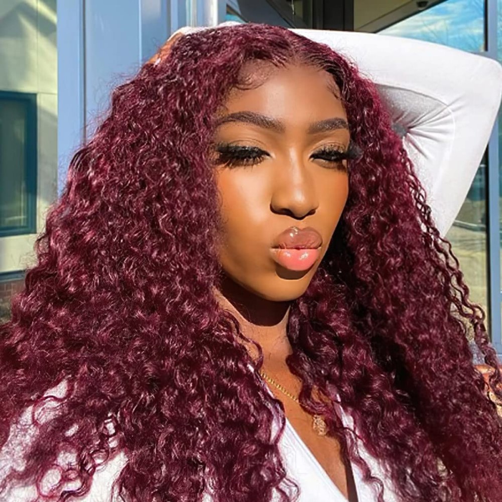 Pizazz 99J HD Lace Front Wigs Human Hair Pre Plucked 180 Density Burgundy Deep Wave Frontal Wigs 13x4 Natural Hairline Human Hair Wigs for Black Women(16 Inch)