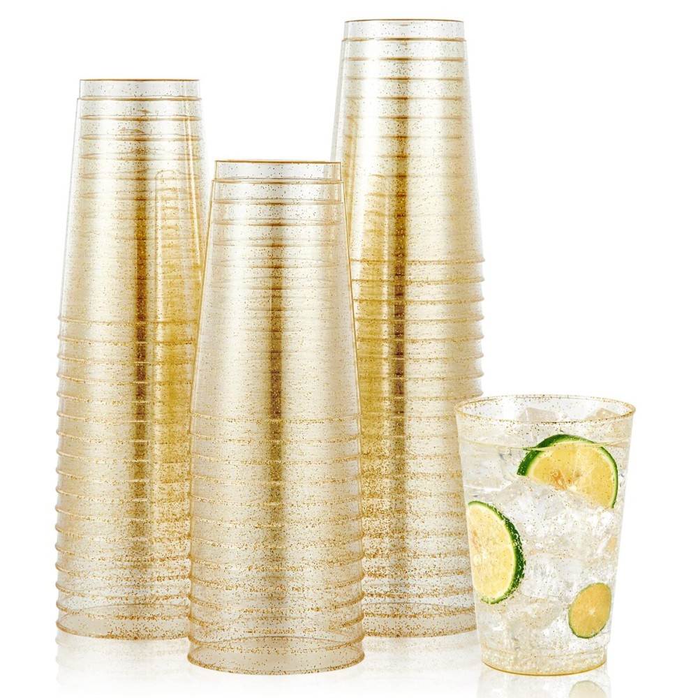 JOLLY CHEF 100 Pack 12 oz Gold Plastic Cups, Disposable Gold Cups, Heavy-duty Party Glasses for Wedding, Thanksgiving, Christmas Parties