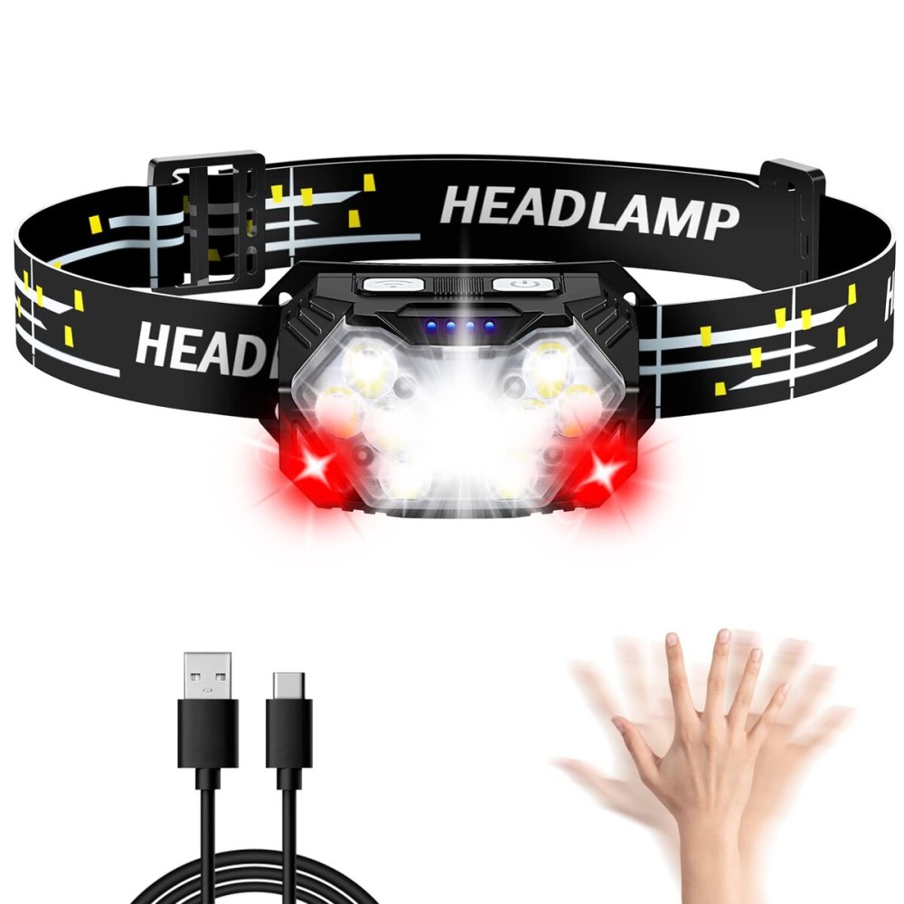 Lsnisni 9 LED Headlamp Rechargeable, 2000 Lumen Super Bright 10 Modes Motion Sensor Head Lamp with White Red Light, Ultralight and Waterproof Headlight Flashlight with USB C Cable for Camping Hiking