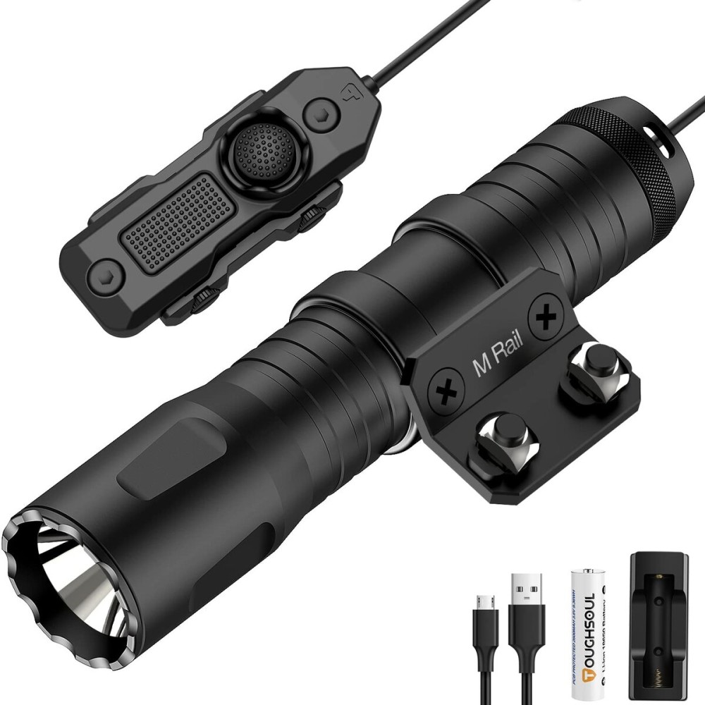 TOUGHSOUL M-Rail Picatinny Tactical Flashlight 1250 Lumens, Rechargeable Flashlight with Remote Pressure Switch LED Light with Rechargeable Batteries and Charger Included (M-Rail Mounted)