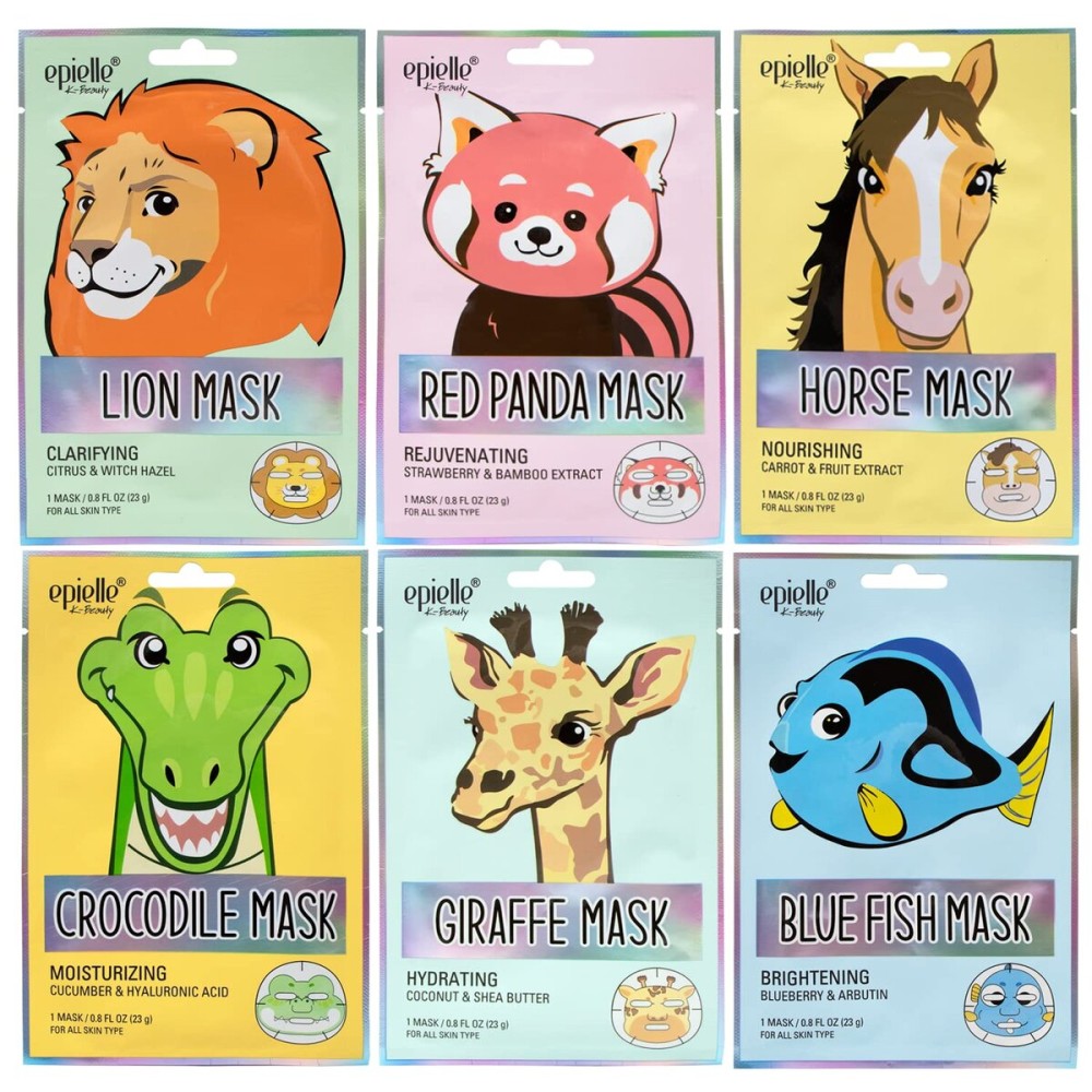 Epielle Character Face Mask Wild Kingdom 6 Pack, Fun & Effective Korean Skin Care, Spa Party Favors, Stocking Stuffers, Birthday Gifts for Women, Self Care Gifts
