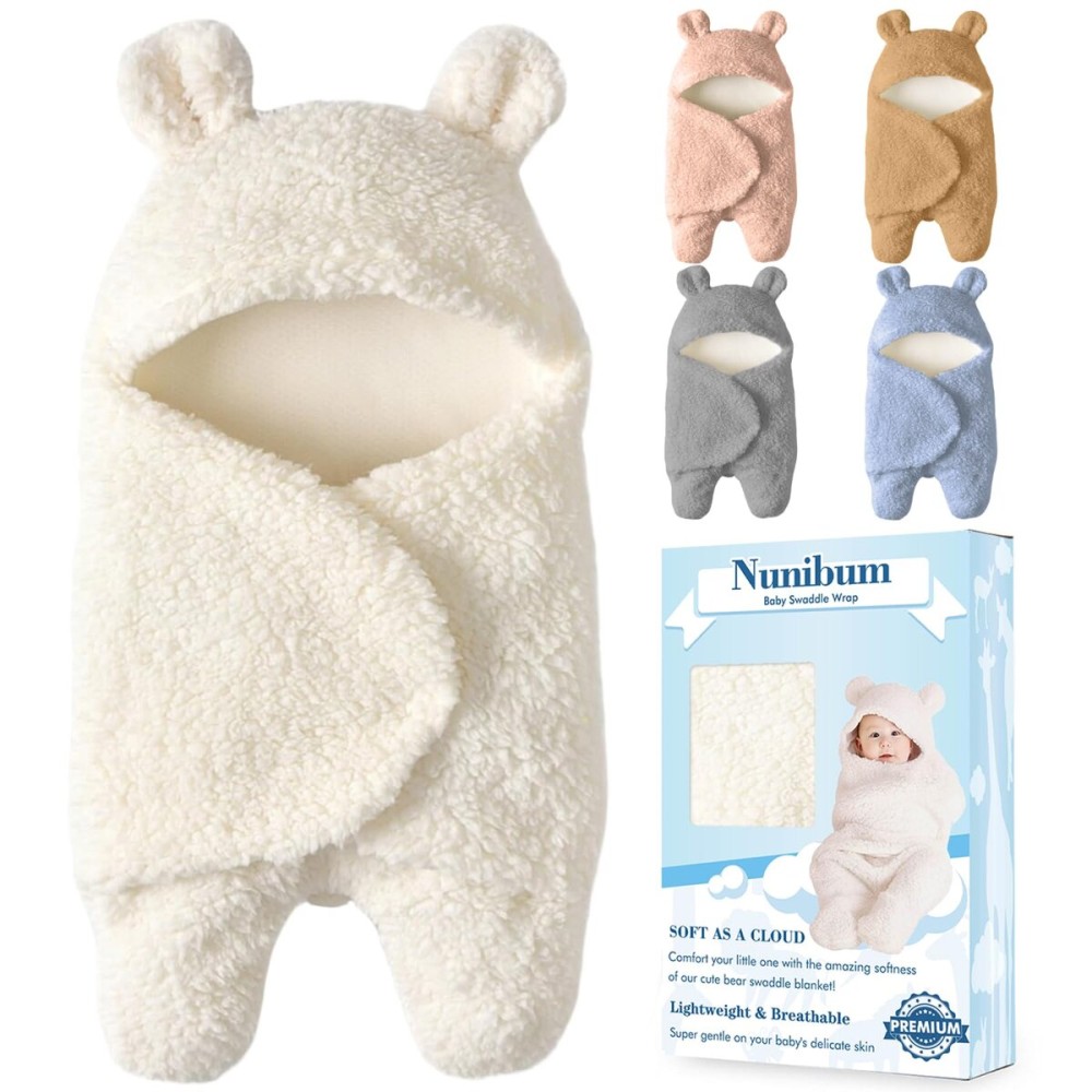 Nunibum Baby Swaddle Blanket Boys Girls Cute Bear Plush Essential Receiving Blanket Ultra-Soft Newborn Registry Sleeping Wraps for Infant 0-6 Months - White
