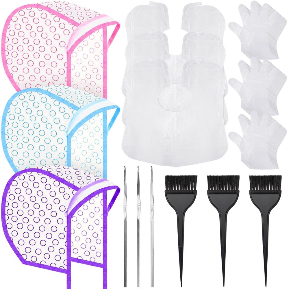 Boao 3 Sets Highlight Cap Sets, Highlighting Caps for Hair, Dye Bleach Cap With Hole And Hook, Dye Kit for Hair Frosting, Highlighting, Color Accessories (Assorted Colors)