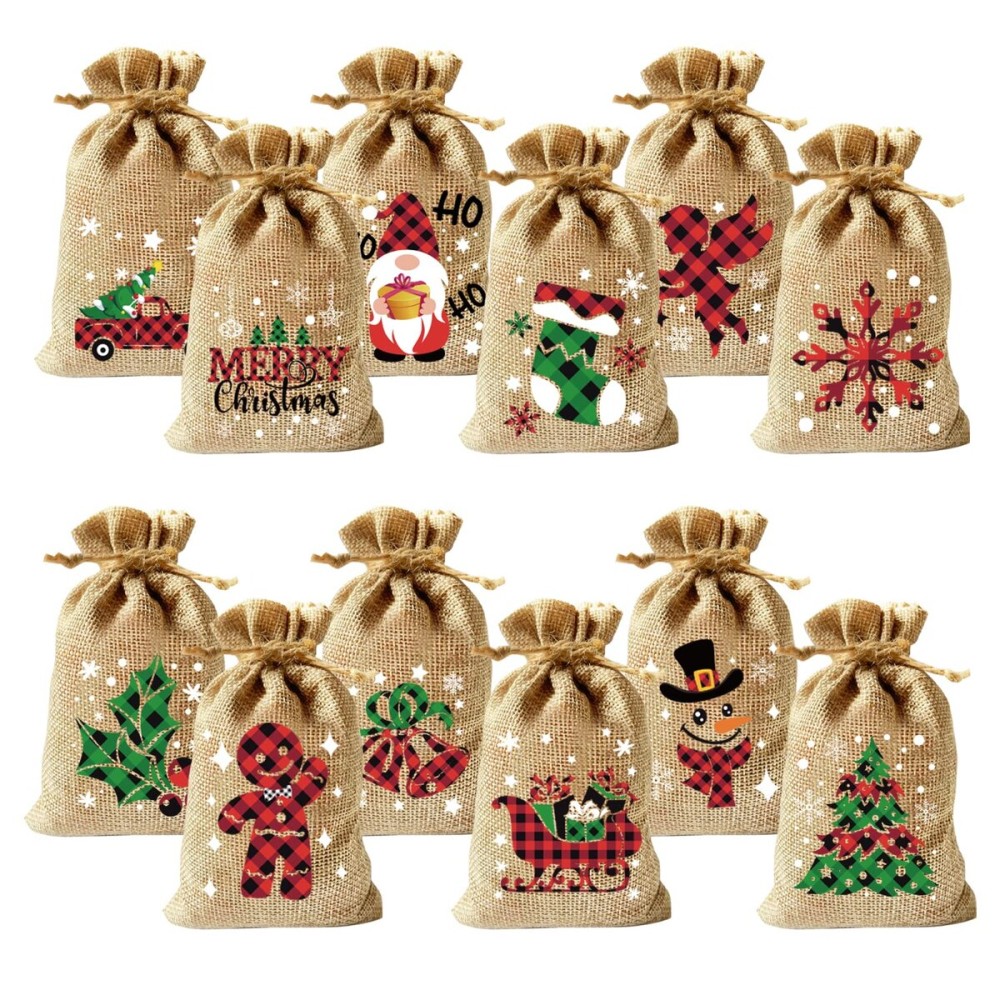 CCINEE 36pcs Christmas Burlap Bags, 46 Inch Drawstrings Christmas Linen Goody Gift Candy Bags with Double Jute Drawstrings for Candy Wrapper Xmas Party Favors