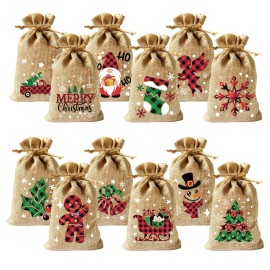 CCINEE 36pcs Christmas Burlap Bags, 46 Inch Drawstrings Christmas Linen Goody Gift Candy Bags with Double Jute Drawstrings for Candy Wrapper Xmas Party Favors