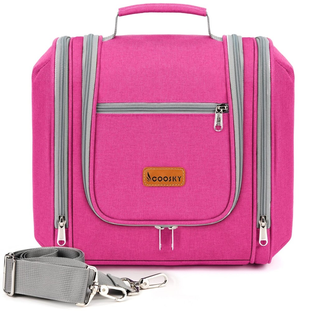 COOSKY Hanging Travel Toiletry Bag for Women and Men, 6 Organizer Compartments, Extra Large Toiletries Bag, Bathroom Cosmetic Bag, Water-resistant Makeup Bag, Holds Full-Size Shampoo, Rose Red