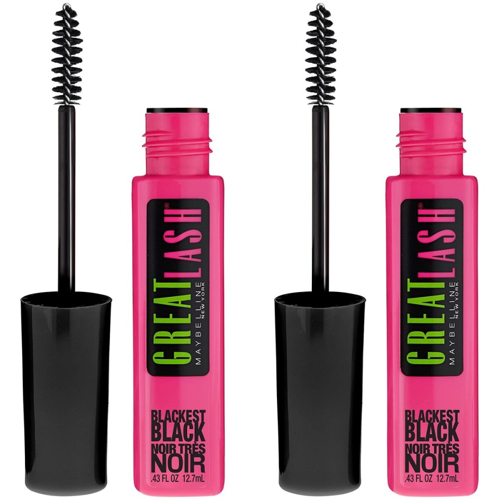 Maybelline Great Lash Washable Mascara Makeup, Volumizing Lash-Doubling Formula That Conditions As It Thickens, Blackest Black, 2 Count